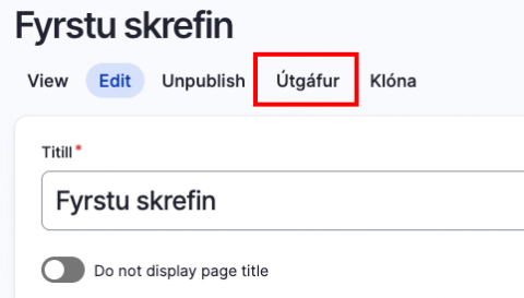 Útgáfutengillinn í Drupal, merktur með rauðum ferhyrningi